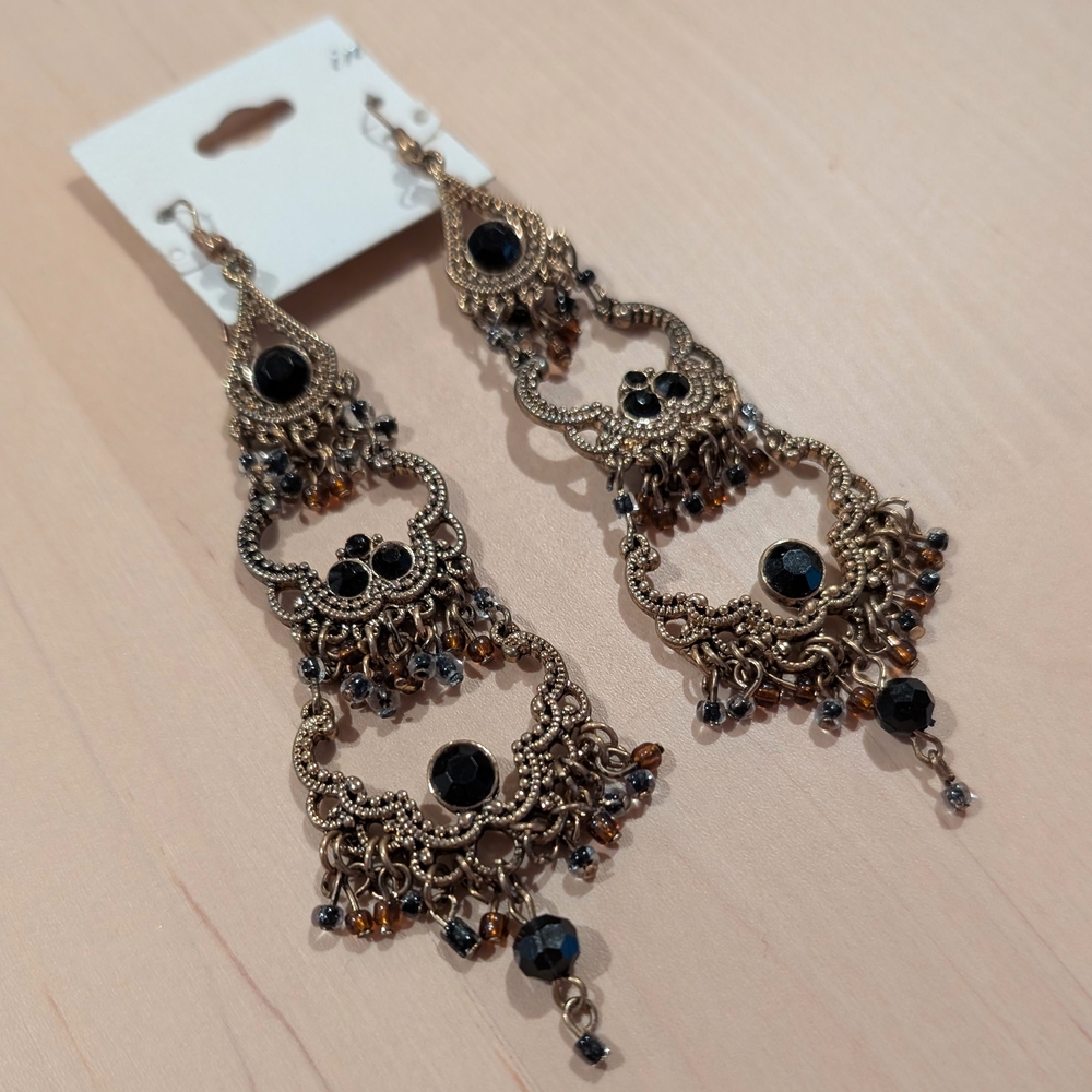 Elegant Black and Gold Chandelier Earrings